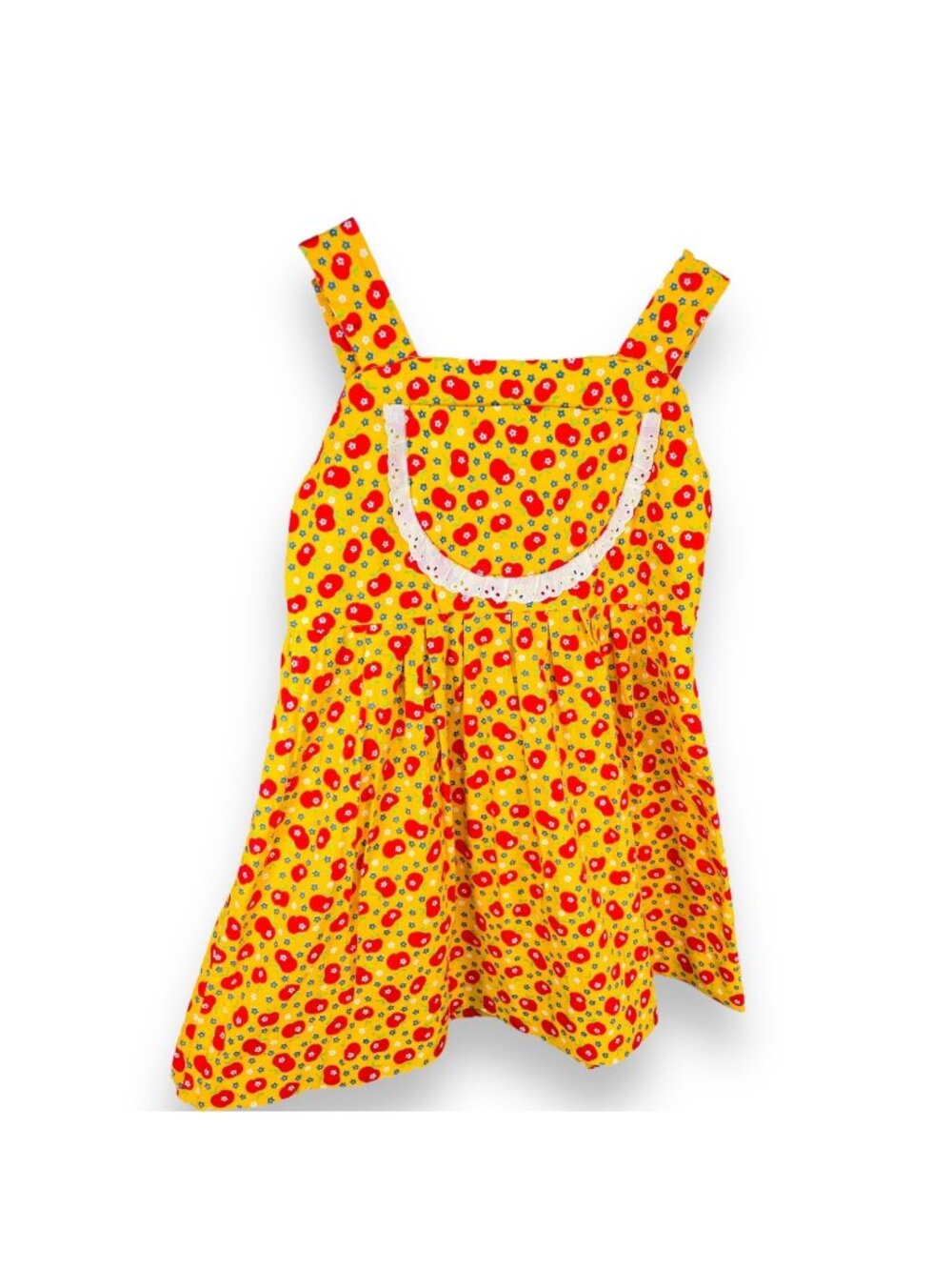 Vintage 70s Girls Yellow Fruit Apple Print Lace Bib Cottage Prairie Dress 6 - 7